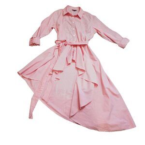 THREAD STORY striped shirt dress asymmetrical hem tie waist preppy hi-low size L